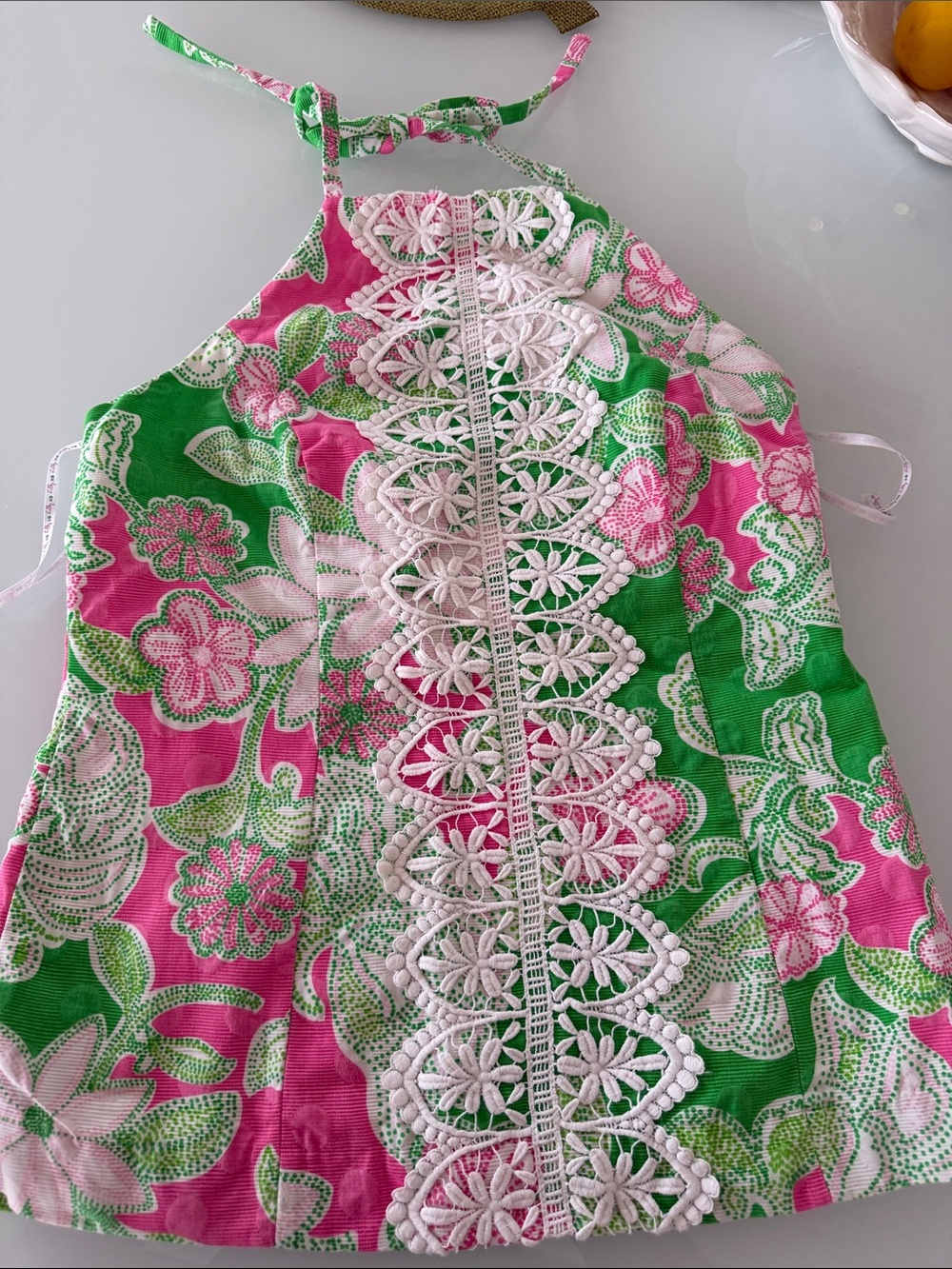 Lilly Pulitzer Pink & Green Floral Halter Top with White Crochet Trim 10